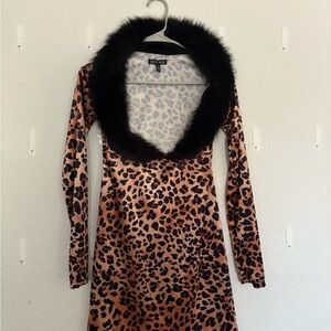 Leopard Print Dress with Faux Fur Collar